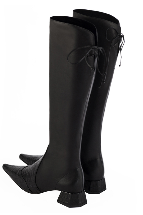 Satin black women's knee-high boots, with laces at the back. Pointed toe. Low flare heels. Made to measure. Rear view - Florence KOOIJMAN